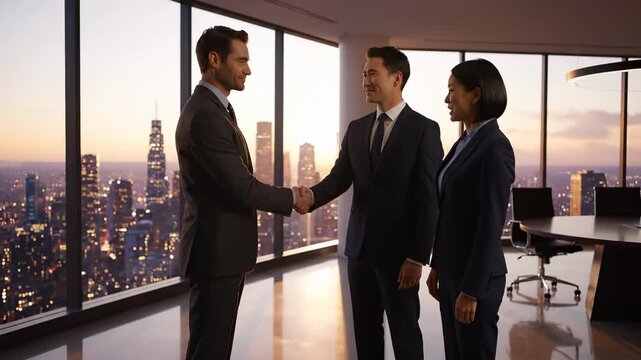 Business meeting handshake in modern office. Corporate professionals negotiate deal at sunset. Successful collaboration enhances team relationships and future growth.