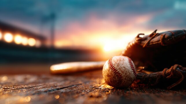 This captivating image features a baseball with a glove and bat positioned artfully, silhouetted against a beautiful sunset, evoking a sense of nostalgia and America's pastime.