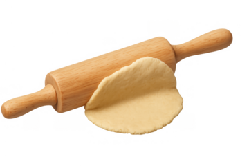 Wooden rolling pin resting on raw dough, ready for baking and cooking homemade dishes. Transparent background