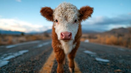 Fototapeta premium A charming young calf stands attentively on a deserted road surrounded by a picturesque landscape under a captivating twilight sky, evoking a sense of tranquility and innocence.