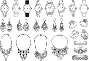 Collection of elegant jewelry and watches displayed in a clean organized and detailed illustration format