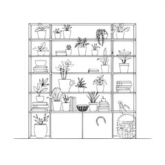 Minimalist interior design line drawing of a sleek shelving unit with clean lines and simple shapes, organized with a variety of potted plants with delicate leaves and slender stems, stacked books wit