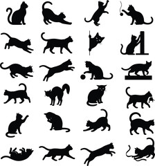 Diverse Cat Silhouettes Set Collection of Feline Poses, Kitten Actions, Playful Pet Icons, Black Animal Stencils, and Various Domestic Animal Vector Graphics.