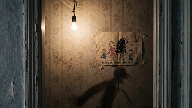 A blurred shadow of a child runs down a dark, derelict hallway. A single light bulb illuminates a spooky child's drawing on a peeling, stained wall.