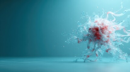 An abstract representation featuring an explosion of vibrant water splashes against a serene blue background, symbolizing movement and the fluid dynamics of nature.