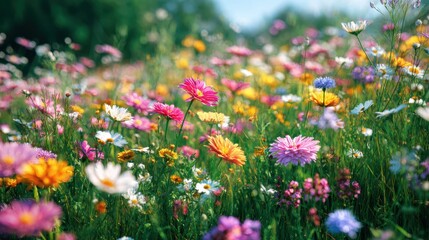 Vibrant Wildflower Meadow Bathed in Soft Sunlight with a Dreamy, Painterly Bokeh.