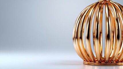 A beautifully crafted golden birdcage featuring a unique striped design, showcasing fine craftsmanship and elegance, serving both decorative and functional purposes.