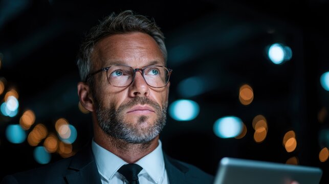 A thoughtful businessman with glasses is engrossed in his tablet in an elegantly lit environment, highlighting focus and determination in today’s digital age.