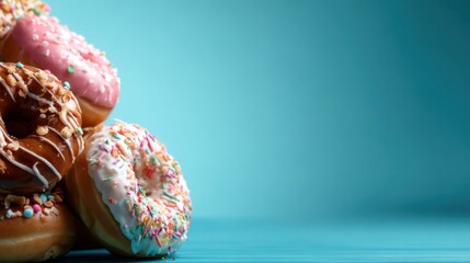 This vibrant image showcases a tempting stack of donuts in various colors and toppings, making it ideal for food-related content and dessert lovers alike.