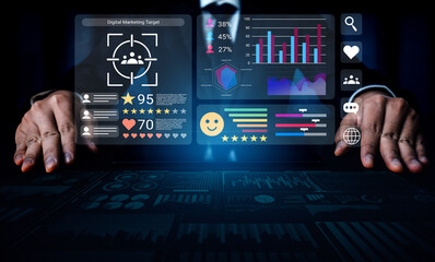 A business professional engaged in analyzing digital marketing metrics on a futuristic display, showcasing various graphs, data points, and performance indicators. Gantry
