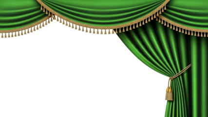 Green curtain with gold trim, partially open on the right side.