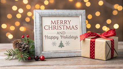 Merry Christmas and Happy Holidays greeting card, frame. New Year. Valentine's day. Christmas, birthday gift box, present with red ribbon bow on bokeh background. Xmas festive celebration.