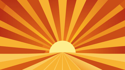 Stylized sunburst radiating from a bright yellow sun over a flat horizon and a converging road