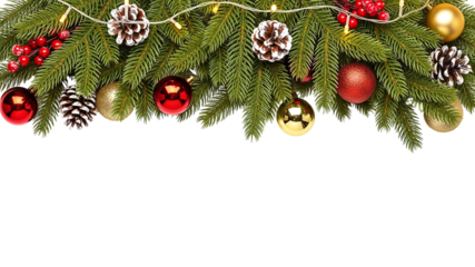 A festive Christmas garland adorned with pine cones, red berries, and shiny baubles, illuminated by warm string lights.