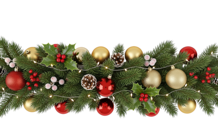 A festive Christmas garland with red and gold ornaments, pine needles, and holly berries, perfect for holiday decorations.