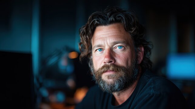 A portrait of a thoughtful man with curly hair and a beard staring into the distance, reflecting on deep thoughts in a moody and atmospheric setting.