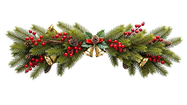 A festive Christmas swag decoration with evergreen branches, red berries, pinecones, and golden bells isolated on a white background. - Powered by Adobe