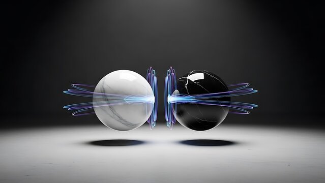 Black and white spheres with energetic light connection abstract - Powered by Adobe