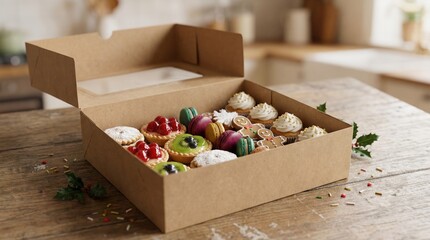 A variety of vibrant pastries and desserts arranged in a brown cardboard box on a rustic wooden table, creating an inviting atmosphere ideal for festive occasions and joyful gatherings with loved ones
