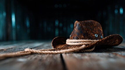 A close-up photograph of a weathered brown cowboy hat lying on a rustic wooden surface, capturing themes of adventure, nostalgia, and rugged outdoor charm.