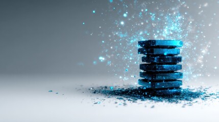 An artistic representation of glowing blue data stacks that seem to burst into particles, symbolizing technology, innovation, and the digital age in a visually captivating way.