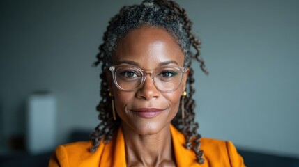 A close-up portrait of a confident woman with stylish glasses and an engaging smile, reflecting self-assurance and modern elegance in a contemporary living space setting.