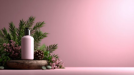 A soft pink cosmetic bottle is surrounded by various flowers and greenery, creating a calming, inviting aesthetic that emphasizes nature and beauty in a serene composition.