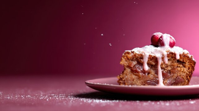 A stunning dessert slice on a pink plate, topped with icing and berries, capturing the essence of sweetness, celebration, and the joy of indulgent treats.
