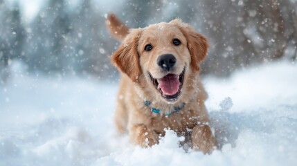 A cheerful golden retriever joyfully runs and plays in a snowy landscape, embodying the playful spirit of dogs and the beauty of winter, conveying happiness and energy.
