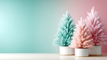 An artistic arrangement of pastel-colored decorative trees in mint and pink hues highlights creativity, modern decor, and playful aesthetics for contemporary interior design themes.