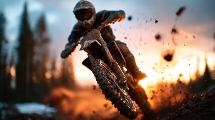 A dirt bike rider in mid-air, kicking up dirt and dust against the backdrop of a stunning sunset, captures the thrill of adventure and adrenaline in the great outdoors.