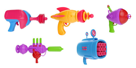 Set of futuristic space weapons, ray guns or laser blasters in cartoon retro style. 3d illustration child toy isolated on white background.