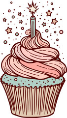 Happy Birthday Cupcake Hand Drawn Sketch Illustration. Cake Doodle Icon for a Christmas, Birthday, Party, Holiday Design. Sweet Dessert Trendy Sketch for Menu Design and Anniversary