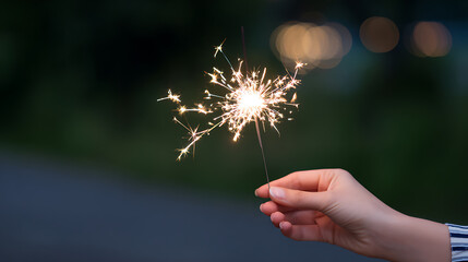 Woman hand holding sparkler on bokeh background, closeup