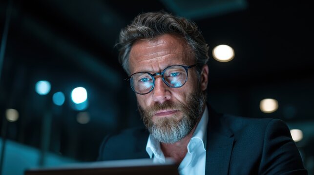 A focused businessman working late night with his tablet in a modern office setting, showcasing dedication and professionalism as night settles outside.