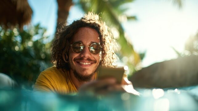 A young man smiles joyfully while using his smartphone in a pool, surrounded by lush tropical plants, capturing the essence of relaxation and sunny leisure.