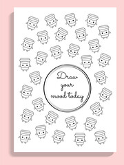 Mood tracking page template with a kawaii coffee cup, cute vector mental health planner
