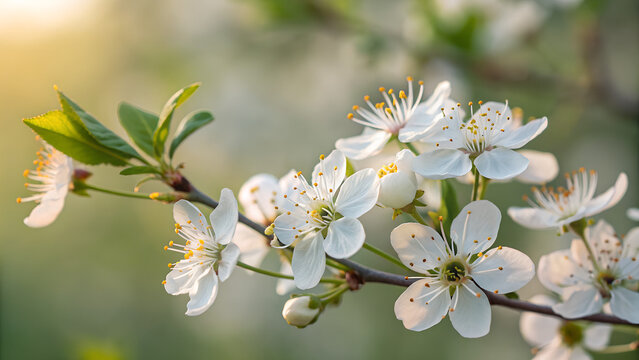 Closeup macro wallpaper of white blooming cherry plum blossom flowers. Cherry plum blossoms. Beautiful floral background of spring nature. Easter season. Soft selective ..