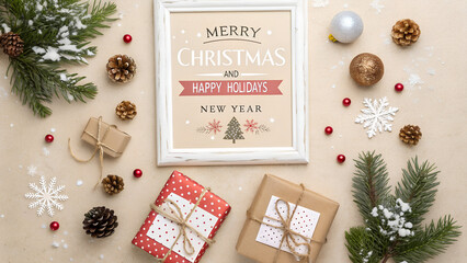 Merry Christmas and Happy Holidays greeting card, frame, banner. New Year. Christmas ornaments and gifts, presents on light beige background top view. Winter xmas holiday festive theme.