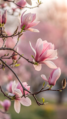 Closeup macro wallpaper of blooming pink magnolia tree in garden during springtime close up. Natural floral background. Easter season. Soft selective ...