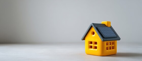 A bright yellow model house with a solar panel on the roof, set against a neutral background, ideal for concepts related to real estate, sustainable living, or renewable energy initiatives,