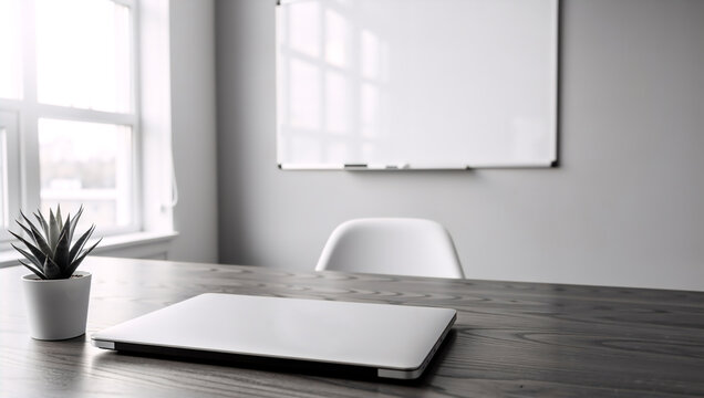 A modern minimalist office with a closed laptop on a wooden desk and a small succulent in a white pot against a bright window and whiteboard. - Powered by Adobe