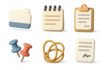 Modern office icon set featuring notepad, clipboard, and pushpins for graphic design