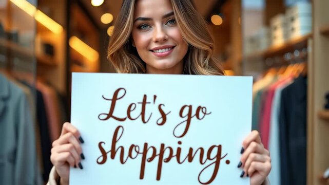 Happy woman holding a lets go shopping sign in a clothing store, smiling, inviting customers to enjoy retail therapy.