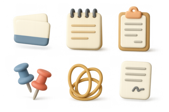 Modern office icon set featuring notepad, clipboard, and pushpins for graphic design