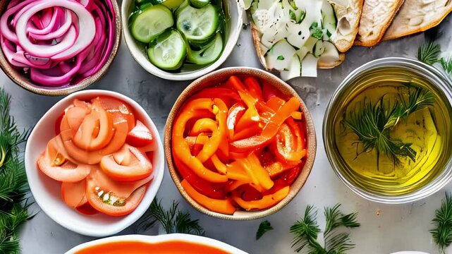 Fresh vegetable platter with sliced bread and herb-infused olive oil on a rustic surface