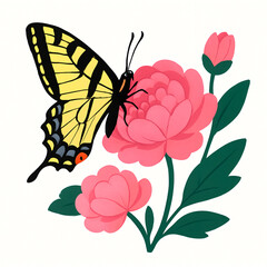 Minimalist and vibrant vector collection of different butterfly species sitting on spring and summer flowers. Flat design for digital projects, greeting cards, and nature-themed graphics.