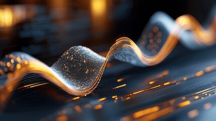 An abstract digital waveform composed of glowing particles moves across a dark background, creating a sense of energy and data flow.