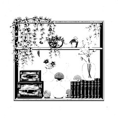 Fine-line botanical shelf illustration featuring cascading plants with delicate green leaves and vibrant colorful flowers, accompanied by worn wooden storage boxes with intricate carvings, and symmetr