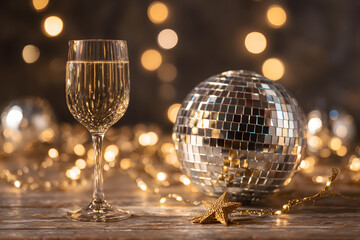 New Year or Christmas celebration concept with golden lights. Disco balls and close-up of champagne flute or sparkling wine prosecco glass. disco balls with star string lights